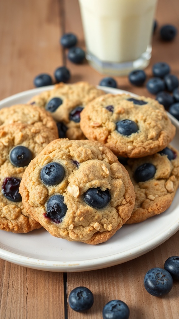 Simple 4-Ingredient Blueberry Oatmeal Cookies A plate of chewy blueberry oatmeal cookies with fresh blueberries on a wooden table.